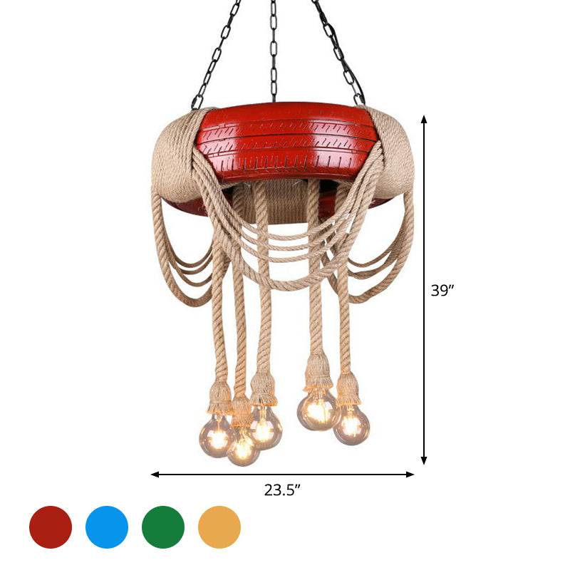 Red/Blue/Yellow Tire Hanging Lamp Kit Warehouse Rubber 6-Head Dining Room Chandelier Pendant with Dangling Hemp Rope Clearhalo 'Ceiling Lights' 'Chandeliers' 'Industrial Chandeliers' 'Industrial' 'Middle Century Chandeliers' 'Tiffany' Lighting' 1911682