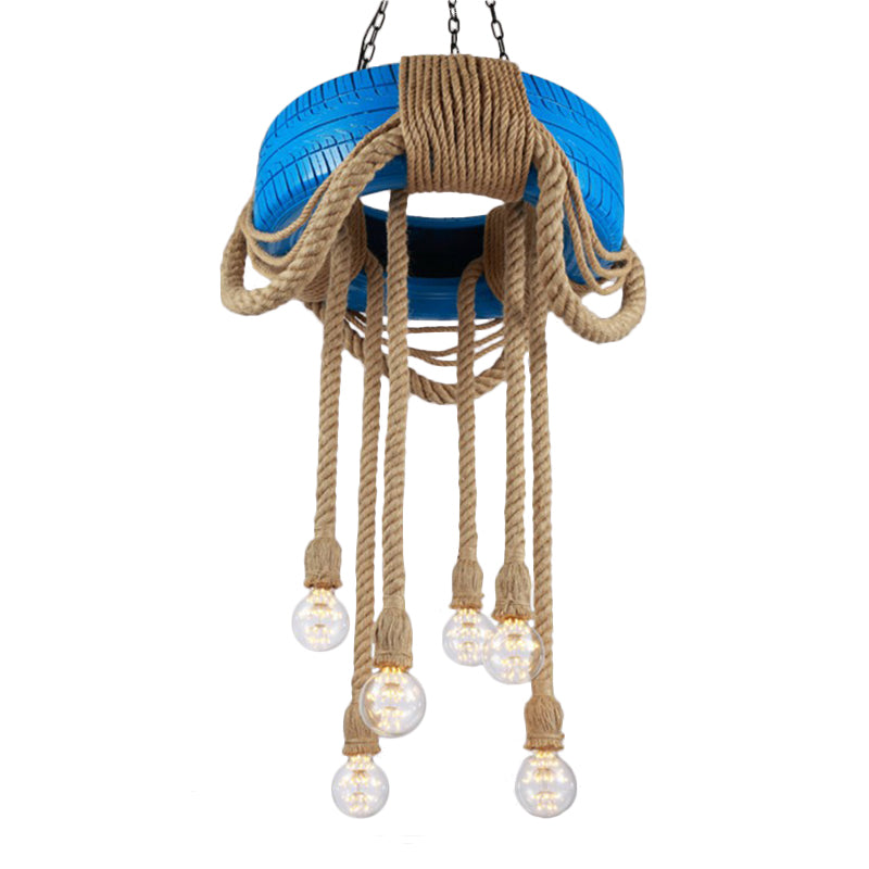 Red/Blue/Yellow Tire Hanging Lamp Kit Warehouse Rubber 6-Head Dining Room Chandelier Pendant with Dangling Hemp Rope Clearhalo 'Ceiling Lights' 'Chandeliers' 'Industrial Chandeliers' 'Industrial' 'Middle Century Chandeliers' 'Tiffany' Lighting' 1911684