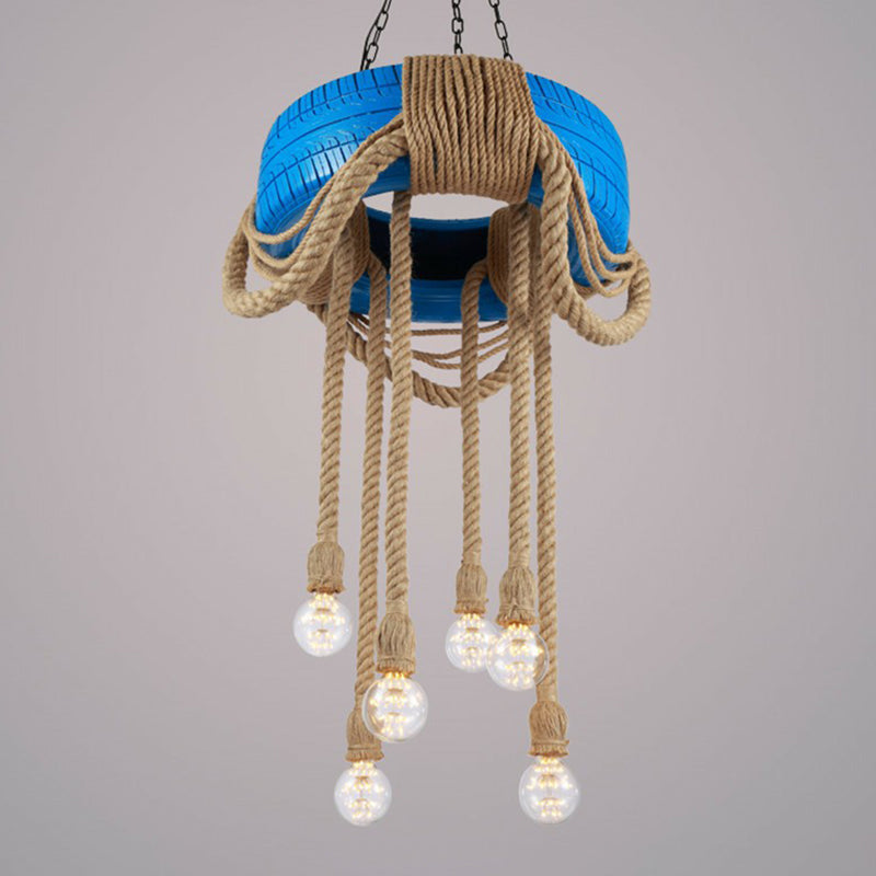 Red/Blue/Yellow Tire Hanging Lamp Kit Warehouse Rubber 6-Head Dining Room Chandelier Pendant with Dangling Hemp Rope Clearhalo 'Ceiling Lights' 'Chandeliers' 'Industrial Chandeliers' 'Industrial' 'Middle Century Chandeliers' 'Tiffany' Lighting' 1911685