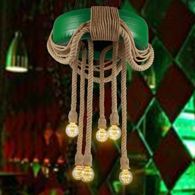 Red/Blue/Yellow Tire Hanging Lamp Kit Warehouse Rubber 6-Head Dining Room Chandelier Pendant with Dangling Hemp Rope Green Clearhalo 'Ceiling Lights' 'Chandeliers' 'Industrial Chandeliers' 'Industrial' 'Middle Century Chandeliers' 'Tiffany' Lighting' 1911686