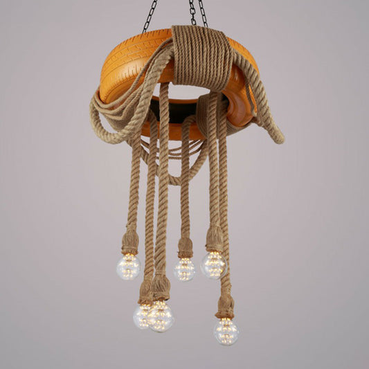 Red/Blue/Yellow Tire Hanging Lamp Kit Warehouse Rubber 6-Head Dining Room Chandelier Pendant with Dangling Hemp Rope Clearhalo 'Ceiling Lights' 'Chandeliers' 'Industrial Chandeliers' 'Industrial' 'Middle Century Chandeliers' 'Tiffany' Lighting' 1911690