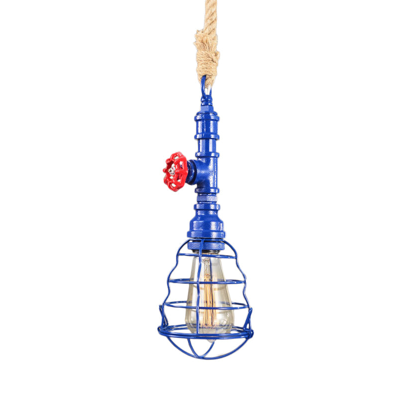 Steampunk Caged Down Lighting Pendant 1 Head Iron Hanging Ceiling Light with Rope Cord and Water Pipe Design in Blue/Rust/Bronze Clearhalo 'Ceiling Lights' 'Industrial Pendants' 'Industrial' 'Middle Century Pendants' 'Pendant Lights' 'Pendants' 'Tiffany' Lighting' 1911693
