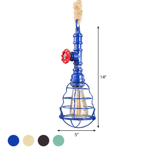 Steampunk Caged Down Lighting Pendant 1 Head Iron Hanging Ceiling Light with Rope Cord and Water Pipe Design in Blue/Rust/Bronze Clearhalo 'Ceiling Lights' 'Industrial Pendants' 'Industrial' 'Middle Century Pendants' 'Pendant Lights' 'Pendants' 'Tiffany' Lighting' 1911695