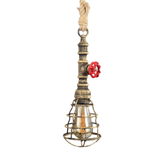 Steampunk Caged Down Lighting Pendant 1 Head Iron Hanging Ceiling Light with Rope Cord and Water Pipe Design in Blue/Rust/Bronze Bronze Clearhalo 'Ceiling Lights' 'Industrial Pendants' 'Industrial' 'Middle Century Pendants' 'Pendant Lights' 'Pendants' 'Tiffany' Lighting' 1911696