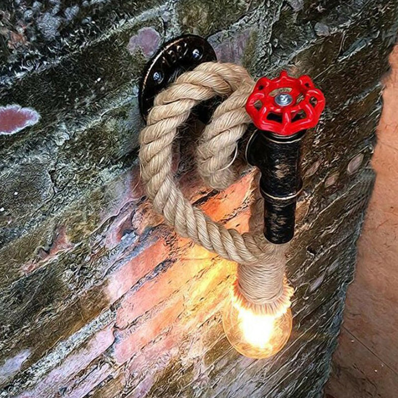 Industrial Faucet Wall Light Fixture 1-Light Hemp Rope Wall Mounted Lamp in Brown for Wine Bar Clearhalo 'Industrial wall lights' 'Industrial' 'Middle century wall lights' 'Tiffany' 'Wall Lamps & Sconces' 'Wall Lights' Lighting' 1911704