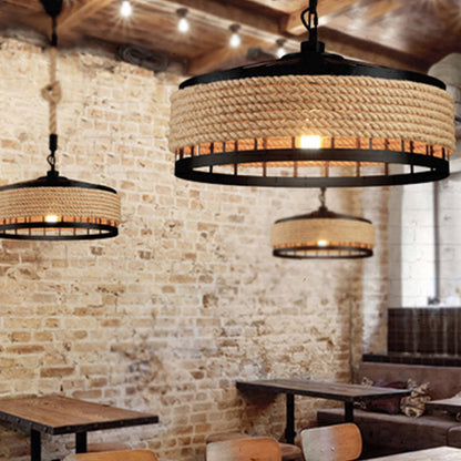 12"/16"/19.5" W 1 Bulb Pendulum Light Lodge Sushi House Drop Pendant with Barn Roped Cage in Brown Brown Clearhalo 'Ceiling Lights' 'Industrial Pendants' 'Industrial' 'Middle Century Pendants' 'Pendant Lights' 'Pendants' 'Tiffany' Lighting' 1911722