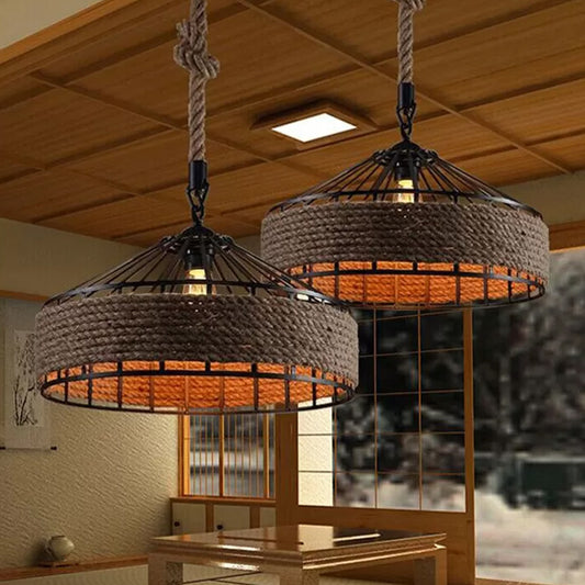 12"/16"/19.5" W 1 Bulb Pendulum Light Lodge Sushi House Drop Pendant with Barn Roped Cage in Brown Clearhalo 'Ceiling Lights' 'Industrial Pendants' 'Industrial' 'Middle Century Pendants' 'Pendant Lights' 'Pendants' 'Tiffany' Lighting' 1911723