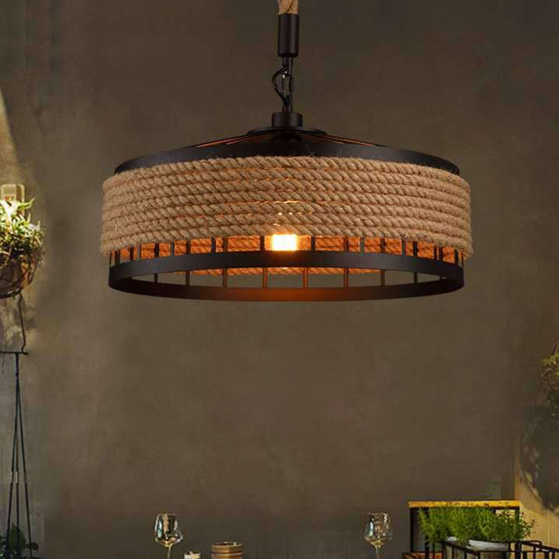 12"/16"/19.5" W 1 Bulb Pendulum Light Lodge Sushi House Drop Pendant with Barn Roped Cage in Brown Clearhalo 'Ceiling Lights' 'Industrial Pendants' 'Industrial' 'Middle Century Pendants' 'Pendant Lights' 'Pendants' 'Tiffany' Lighting' 1911724
