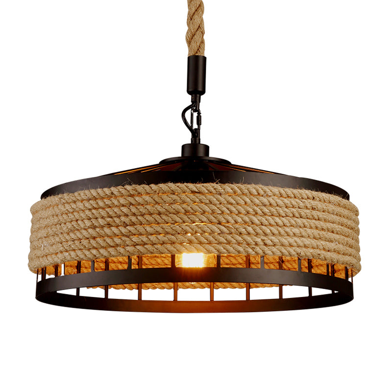 12"/16"/19.5" W 1 Bulb Pendulum Light Lodge Sushi House Drop Pendant with Barn Roped Cage in Brown Clearhalo 'Ceiling Lights' 'Industrial Pendants' 'Industrial' 'Middle Century Pendants' 'Pendant Lights' 'Pendants' 'Tiffany' Lighting' 1911725