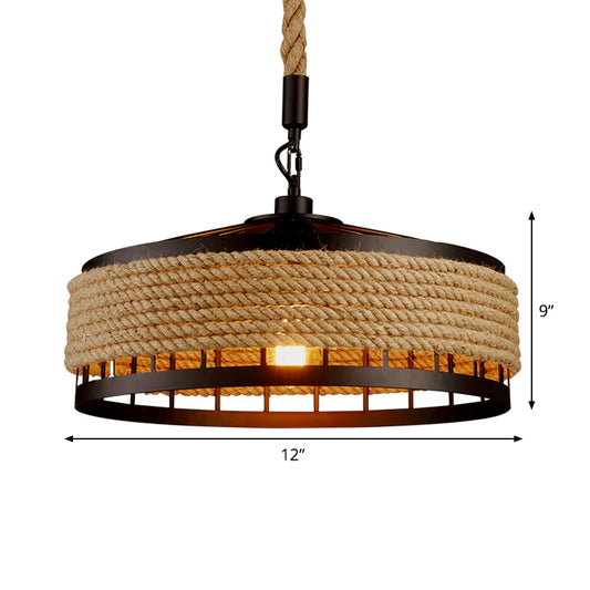 12"/16"/19.5" W 1 Bulb Pendulum Light Lodge Sushi House Drop Pendant with Barn Roped Cage in Brown Clearhalo 'Ceiling Lights' 'Industrial Pendants' 'Industrial' 'Middle Century Pendants' 'Pendant Lights' 'Pendants' 'Tiffany' Lighting' 1911726