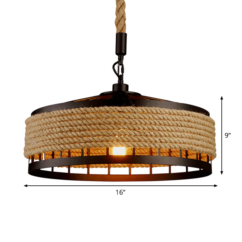12"/16"/19.5" W 1 Bulb Pendulum Light Lodge Sushi House Drop Pendant with Barn Roped Cage in Brown Clearhalo 'Ceiling Lights' 'Industrial Pendants' 'Industrial' 'Middle Century Pendants' 'Pendant Lights' 'Pendants' 'Tiffany' Lighting' 1911727