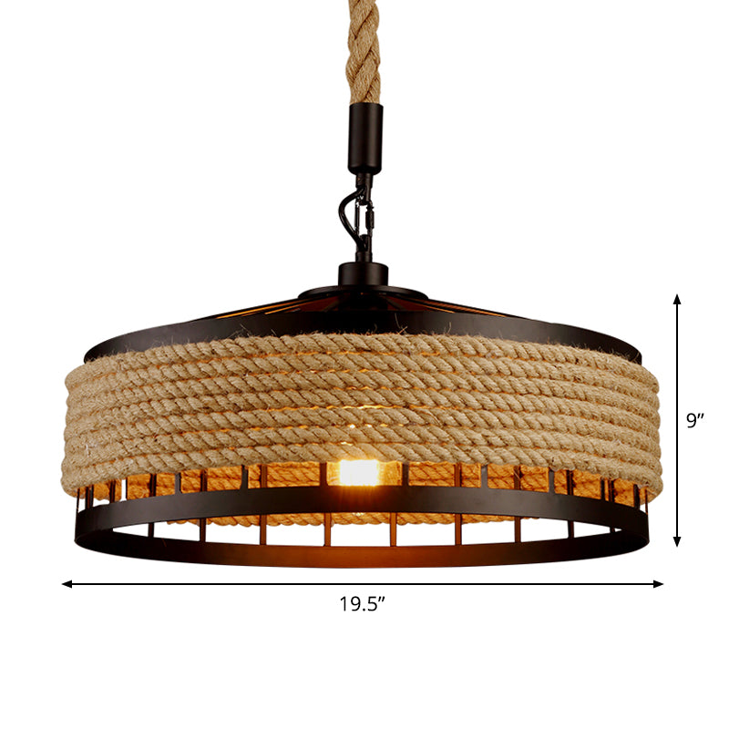 12"/16"/19.5" W 1 Bulb Pendulum Light Lodge Sushi House Drop Pendant with Barn Roped Cage in Brown Clearhalo 'Ceiling Lights' 'Industrial Pendants' 'Industrial' 'Middle Century Pendants' 'Pendant Lights' 'Pendants' 'Tiffany' Lighting' 1911728