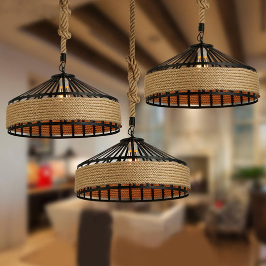 Barn Caged Dining Room Ceiling Pendant Rustic Rope 1-Light Brown Hanging Light Fixture, 12"/16"/19.5" Wide Brown Clearhalo 'Ceiling Lights' 'Industrial Pendants' 'Industrial' 'Middle Century Pendants' 'Pendant Lights' 'Pendants' 'Tiffany' Lighting' 1911729