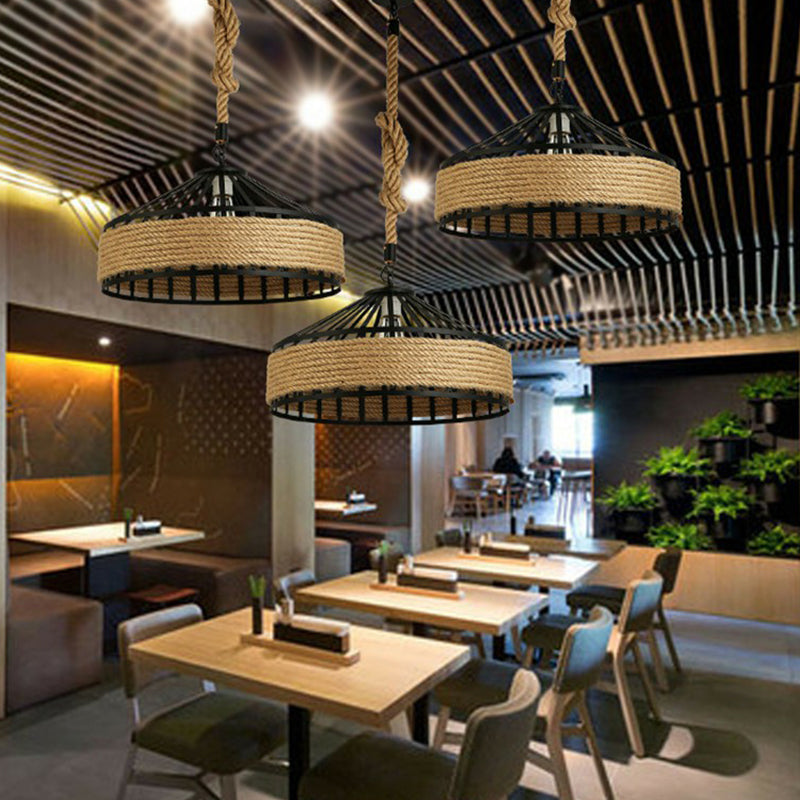 Barn Caged Dining Room Ceiling Pendant Rustic Rope 1-Light Brown Hanging Light Fixture, 12"/16"/19.5" Wide Clearhalo 'Ceiling Lights' 'Industrial Pendants' 'Industrial' 'Middle Century Pendants' 'Pendant Lights' 'Pendants' 'Tiffany' Lighting' 1911730