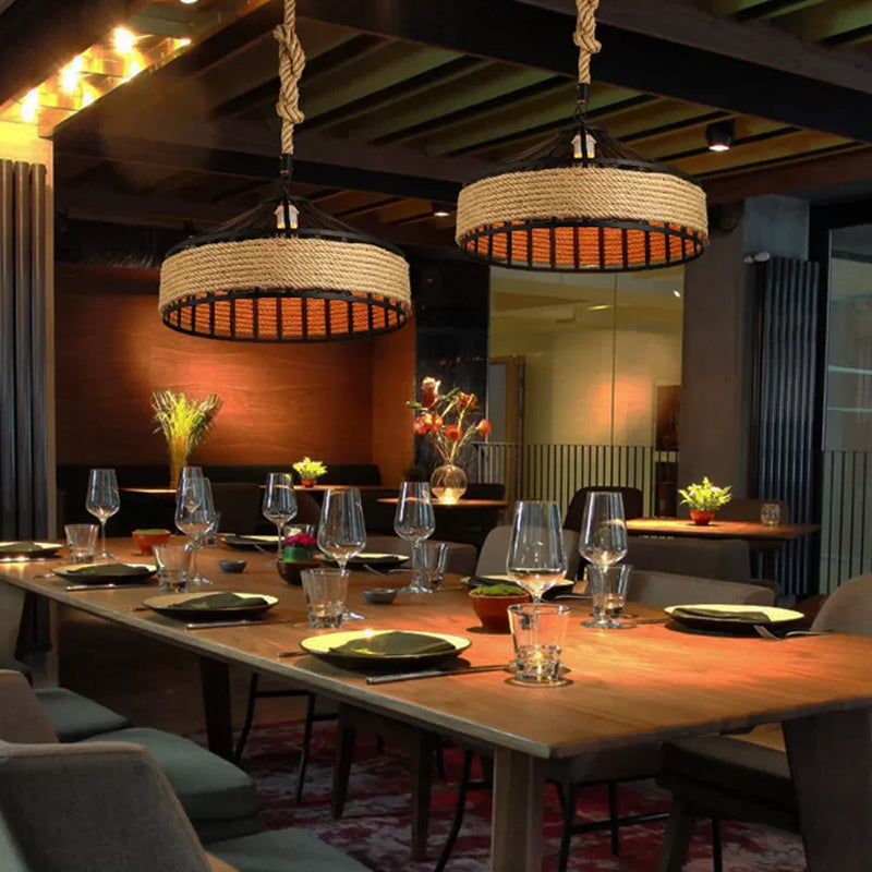 Barn Caged Dining Room Ceiling Pendant Rustic Rope 1-Light Brown Hanging Light Fixture, 12"/16"/19.5" Wide Clearhalo 'Ceiling Lights' 'Industrial Pendants' 'Industrial' 'Middle Century Pendants' 'Pendant Lights' 'Pendants' 'Tiffany' Lighting' 1911731