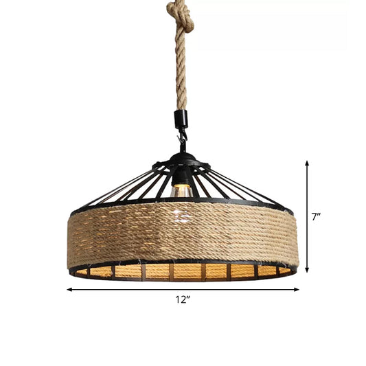Barn Caged Dining Room Ceiling Pendant Rustic Rope 1-Light Brown Hanging Light Fixture, 12"/16"/19.5" Wide Clearhalo 'Ceiling Lights' 'Industrial Pendants' 'Industrial' 'Middle Century Pendants' 'Pendant Lights' 'Pendants' 'Tiffany' Lighting' 1911734