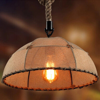 Hemispherical Fabric Down Lighting Cottage 1 Head 14"/18" W Dining Table Pendant Lamp with Stitched Rope Detail in Brown Brown Clearhalo 'Ceiling Lights' 'Industrial Pendants' 'Industrial' 'Middle Century Pendants' 'Pendant Lights' 'Pendants' 'Tiffany' Lighting' 1911737