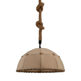 Hemispherical Fabric Down Lighting Cottage 1 Head 14"/18" W Dining Table Pendant Lamp with Stitched Rope Detail in Brown Clearhalo 'Ceiling Lights' 'Industrial Pendants' 'Industrial' 'Middle Century Pendants' 'Pendant Lights' 'Pendants' 'Tiffany' Lighting' 1911738