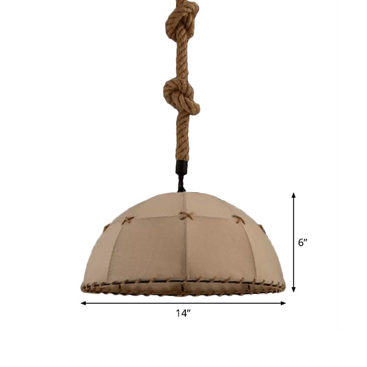 Hemispherical Fabric Down Lighting Cottage 1 Head 14"/18" W Dining Table Pendant Lamp with Stitched Rope Detail in Brown Clearhalo 'Ceiling Lights' 'Industrial Pendants' 'Industrial' 'Middle Century Pendants' 'Pendant Lights' 'Pendants' 'Tiffany' Lighting' 1911740