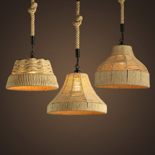 Single Hand-Worked Jute Rope Drop Pendant Rustic Brown Trumpet/Bowl/Truncated Cone Shaped Restaurant Hanging Light Brown C Clearhalo 'Ceiling Lights' 'Industrial Pendants' 'Industrial' 'Middle Century Pendants' 'Pendant Lights' 'Pendants' 'Tiffany' Lighting' 1911742