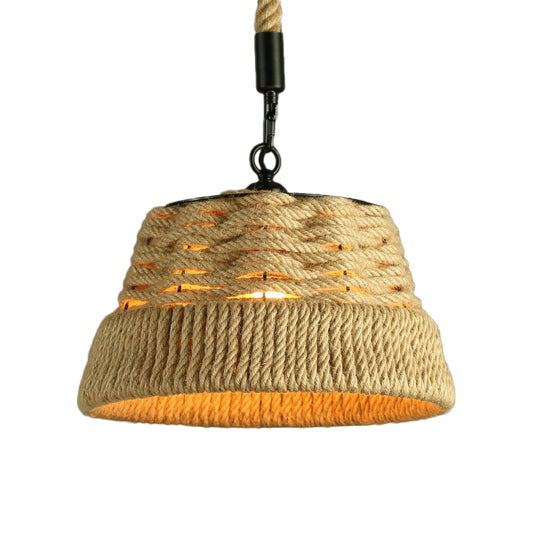 Single Hand-Worked Jute Rope Drop Pendant Rustic Brown Trumpet/Bowl/Truncated Cone Shaped Restaurant Hanging Light Clearhalo 'Ceiling Lights' 'Industrial Pendants' 'Industrial' 'Middle Century Pendants' 'Pendant Lights' 'Pendants' 'Tiffany' Lighting' 1911747