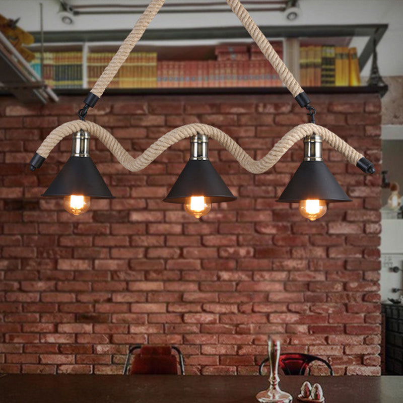 Hemp Black and Brown Suspension Pendant Wavy 3 Heads Industrial Island Lamp with Conical Shade Black Clearhalo 'Ceiling Lights' 'Island Lights' Lighting' 1911753