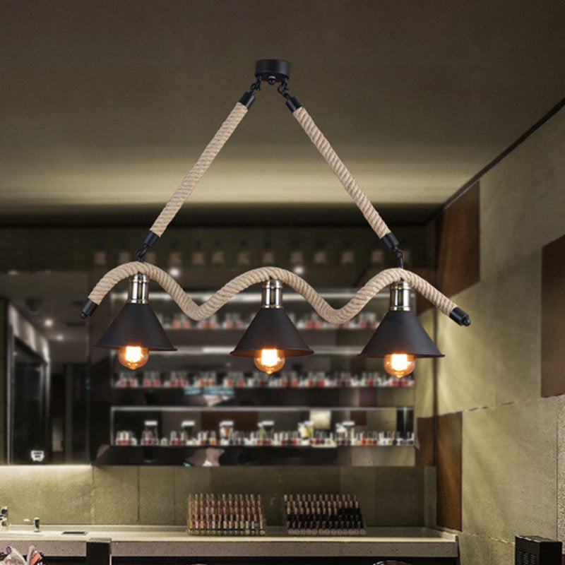 Hemp Black and Brown Suspension Pendant Wavy 3 Heads Industrial Island Lamp with Conical Shade Clearhalo 'Ceiling Lights' 'Island Lights' Lighting' 1911754