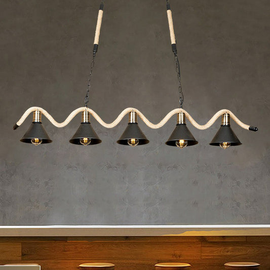 Black 5 Lights Island Pendant Warehouse Hemp Rope Undulating Ceiling Lamp with Conic Metal Shade Black Clearhalo 'Ceiling Lights' 'Island Lights' Lighting' 1911758