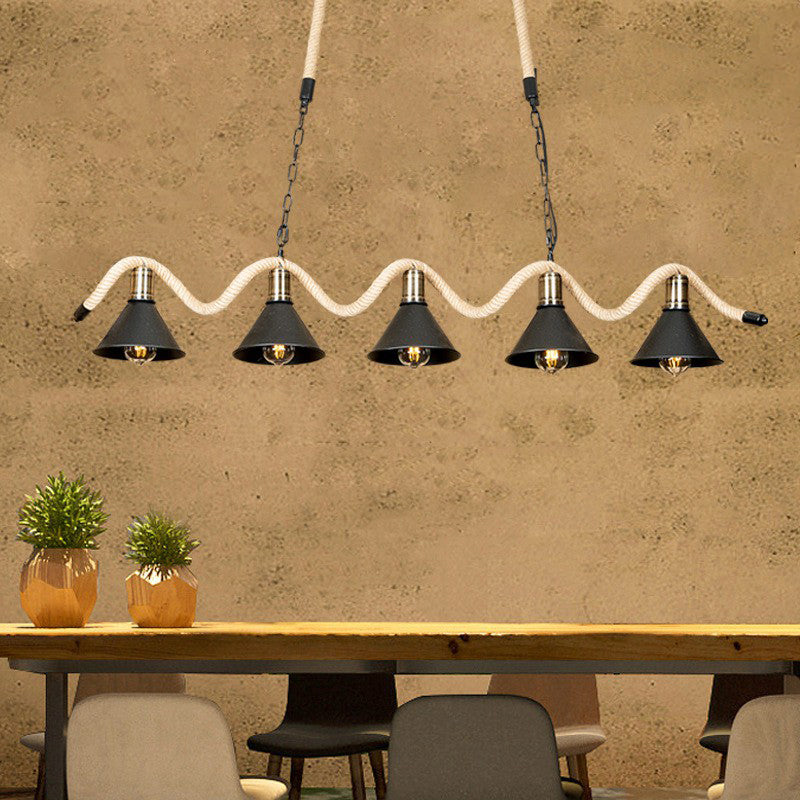 Black 5 Lights Island Pendant Warehouse Hemp Rope Undulating Ceiling Lamp with Conic Metal Shade Clearhalo 'Ceiling Lights' 'Island Lights' Lighting' 1911759