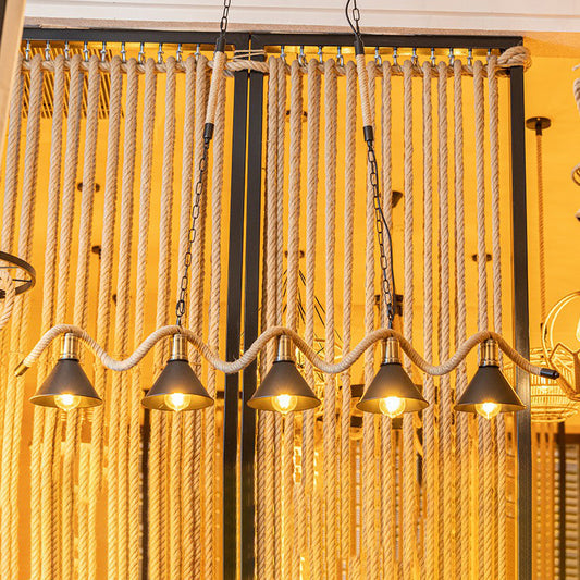 Black 5 Lights Island Pendant Warehouse Hemp Rope Undulating Ceiling Lamp with Conic Metal Shade Clearhalo 'Ceiling Lights' 'Island Lights' Lighting' 1911760