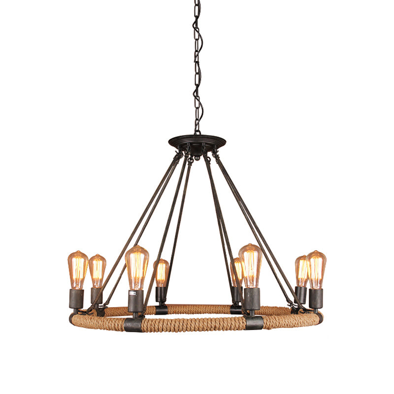 Factory 1/2-Layer Circle Hanging Light 6/8/14 Bulbs Rope Wrapped Chandelier Pendant in Black and Brown Clearhalo 'Cast Iron' 'Ceiling Lights' 'Chandeliers' 'Industrial Chandeliers' 'Industrial' 'Metal' 'Middle Century Chandeliers' 'Rustic Chandeliers' 'Tiffany' Lighting' 1911766