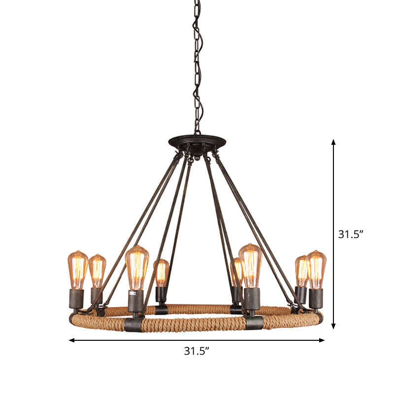 Factory 1/2-Layer Circle Hanging Light 6/8/14 Bulbs Rope Wrapped Chandelier Pendant in Black and Brown Clearhalo 'Cast Iron' 'Ceiling Lights' 'Chandeliers' 'Industrial Chandeliers' 'Industrial' 'Metal' 'Middle Century Chandeliers' 'Rustic Chandeliers' 'Tiffany' Lighting' 1911768