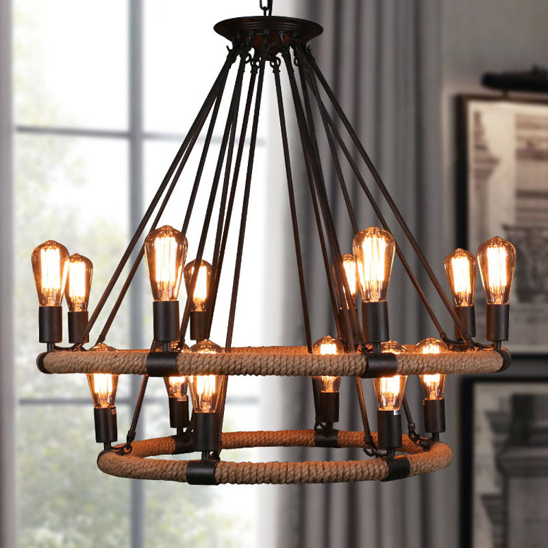 Factory 1/2-Layer Circle Hanging Light 6/8/14 Bulbs Rope Wrapped Chandelier Pendant in Black and Brown 14 Black Clearhalo 'Cast Iron' 'Ceiling Lights' 'Chandeliers' 'Industrial Chandeliers' 'Industrial' 'Metal' 'Middle Century Chandeliers' 'Rustic Chandeliers' 'Tiffany' Lighting' 1911773