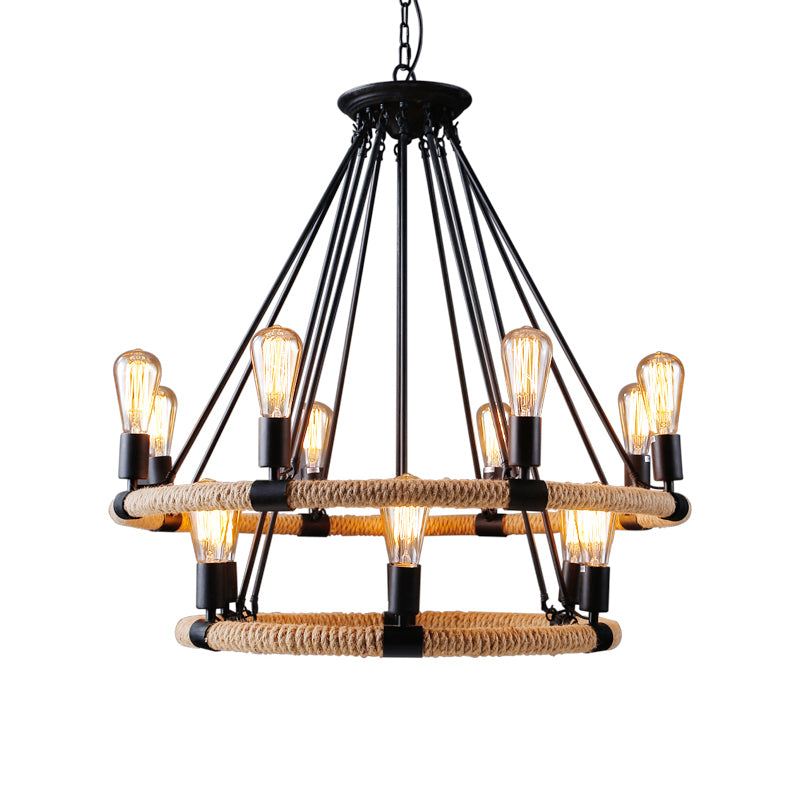 Factory 1/2-Layer Circle Hanging Light 6/8/14 Bulbs Rope Wrapped Chandelier Pendant in Black and Brown Clearhalo 'Cast Iron' 'Ceiling Lights' 'Chandeliers' 'Industrial Chandeliers' 'Industrial' 'Metal' 'Middle Century Chandeliers' 'Rustic Chandeliers' 'Tiffany' Lighting' 1911775