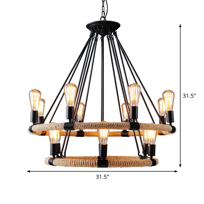 Factory 1/2-Layer Circle Hanging Light 6/8/14 Bulbs Rope Wrapped Chandelier Pendant in Black and Brown Clearhalo 'Cast Iron' 'Ceiling Lights' 'Chandeliers' 'Industrial Chandeliers' 'Industrial' 'Metal' 'Middle Century Chandeliers' 'Rustic Chandeliers' 'Tiffany' Lighting' 1911777