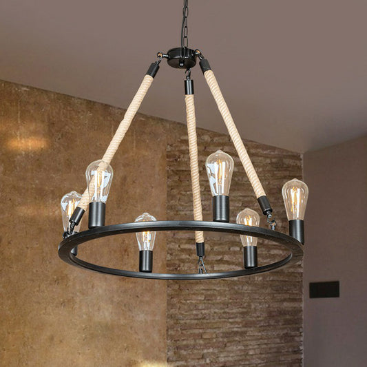6-Head Bare Bulb Design Wheel Chandelier Loft Style Black Iron Hanging Lamp with Rope Cord Black Clearhalo 'Cast Iron' 'Ceiling Lights' 'Chandeliers' 'Industrial Chandeliers' 'Industrial' 'Metal' 'Middle Century Chandeliers' 'Rustic Chandeliers' 'Tiffany' Lighting' 1911778