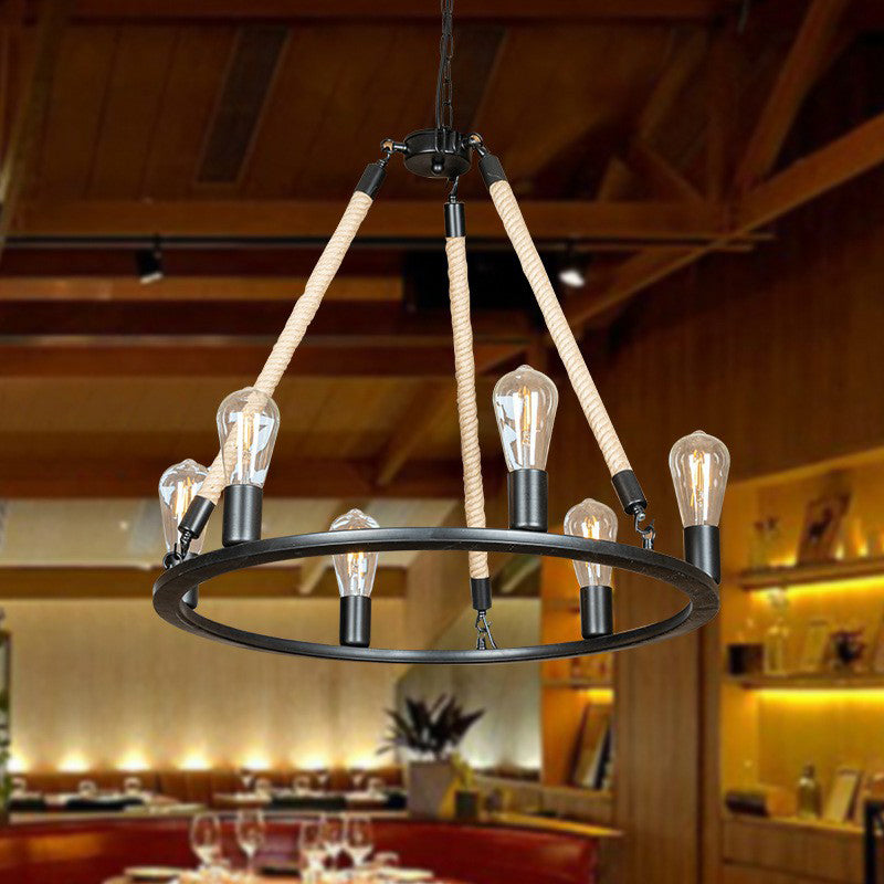 6-Head Bare Bulb Design Wheel Chandelier Loft Style Black Iron Hanging Lamp with Rope Cord Clearhalo 'Cast Iron' 'Ceiling Lights' 'Chandeliers' 'Industrial Chandeliers' 'Industrial' 'Metal' 'Middle Century Chandeliers' 'Rustic Chandeliers' 'Tiffany' Lighting' 1911779