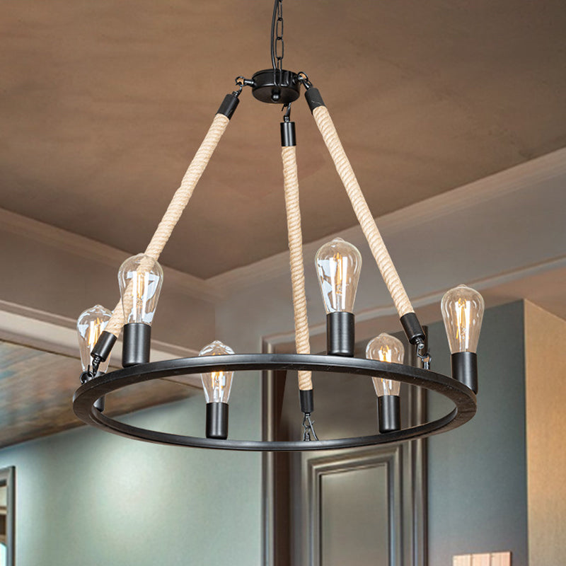6-Head Bare Bulb Design Wheel Chandelier Loft Style Black Iron Hanging Lamp with Rope Cord Clearhalo 'Cast Iron' 'Ceiling Lights' 'Chandeliers' 'Industrial Chandeliers' 'Industrial' 'Metal' 'Middle Century Chandeliers' 'Rustic Chandeliers' 'Tiffany' Lighting' 1911780