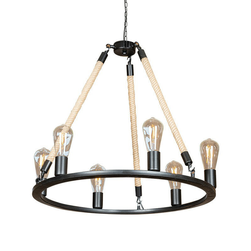 6-Head Bare Bulb Design Wheel Chandelier Loft Style Black Iron Hanging Lamp with Rope Cord Clearhalo 'Cast Iron' 'Ceiling Lights' 'Chandeliers' 'Industrial Chandeliers' 'Industrial' 'Metal' 'Middle Century Chandeliers' 'Rustic Chandeliers' 'Tiffany' Lighting' 1911781