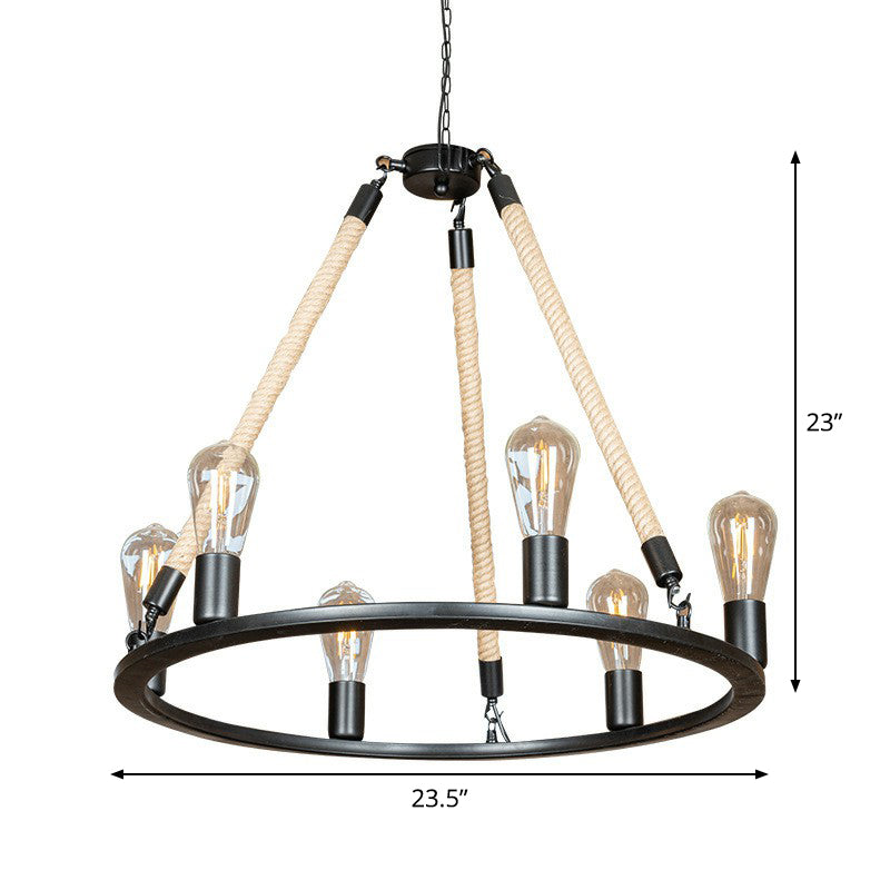 6-Head Bare Bulb Design Wheel Chandelier Loft Style Black Iron Hanging Lamp with Rope Cord Clearhalo 'Cast Iron' 'Ceiling Lights' 'Chandeliers' 'Industrial Chandeliers' 'Industrial' 'Metal' 'Middle Century Chandeliers' 'Rustic Chandeliers' 'Tiffany' Lighting' 1911782
