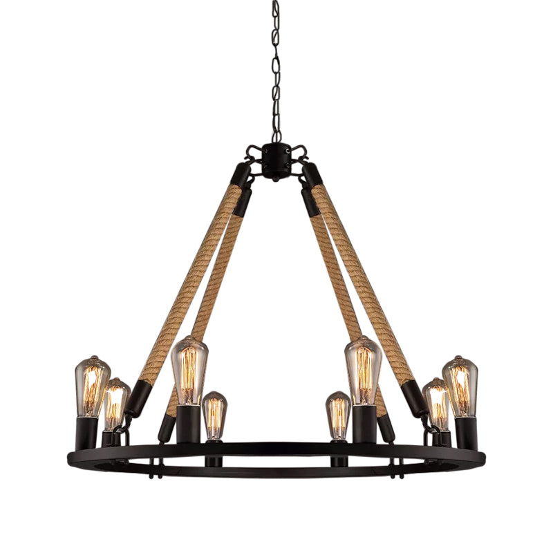 Black Wagon Wheel Chandelier Pendant Industrial Hemp Rope 6/8 Lights Living Room Ceiling Hang Lamp Clearhalo 'Cast Iron' 'Ceiling Lights' 'Chandeliers' 'Industrial Chandeliers' 'Industrial' 'Metal' 'Middle Century Chandeliers' 'Rustic Chandeliers' 'Tiffany' Lighting' 1911786