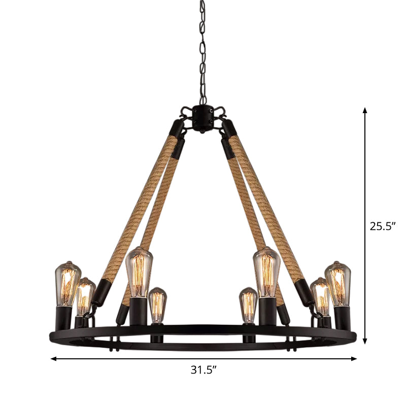Black Wagon Wheel Chandelier Pendant Industrial Hemp Rope 6/8 Lights Living Room Ceiling Hang Lamp Clearhalo 'Cast Iron' 'Ceiling Lights' 'Chandeliers' 'Industrial Chandeliers' 'Industrial' 'Metal' 'Middle Century Chandeliers' 'Rustic Chandeliers' 'Tiffany' Lighting' 1911788