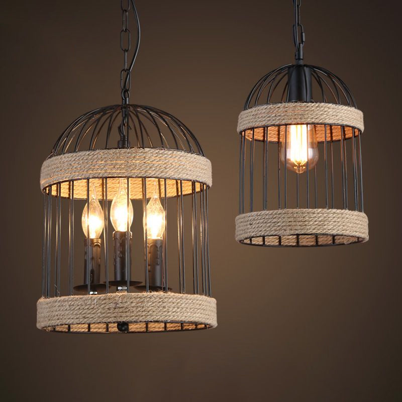 Roped Cloche Cage Pendulum Light Country Style 1 Bulb Snack Bar Hanging Pendant in Brown Brown Clearhalo 'Art Deco Pendants' 'Cast Iron' 'Ceiling Lights' 'Ceramic' 'Crystal' 'Industrial Pendants' 'Industrial' 'Metal' 'Middle Century Pendants' 'Pendant Lights' 'Pendants' 'Tiffany' Lighting' 1911792