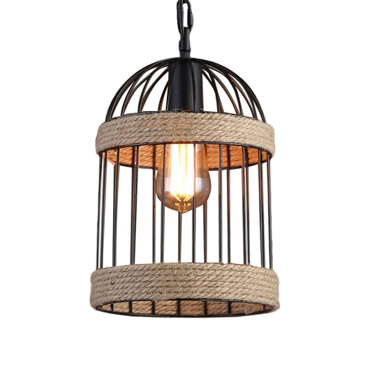 Roped Cloche Cage Pendulum Light Country Style 1 Bulb Snack Bar Hanging Pendant in Brown Clearhalo 'Art Deco Pendants' 'Cast Iron' 'Ceiling Lights' 'Ceramic' 'Crystal' 'Industrial Pendants' 'Industrial' 'Metal' 'Middle Century Pendants' 'Pendant Lights' 'Pendants' 'Tiffany' Lighting' 1911794