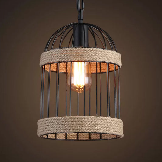 Roped Cloche Cage Pendulum Light Country Style 1 Bulb Snack Bar Hanging Pendant in Brown Clearhalo 'Art Deco Pendants' 'Cast Iron' 'Ceiling Lights' 'Ceramic' 'Crystal' 'Industrial Pendants' 'Industrial' 'Metal' 'Middle Century Pendants' 'Pendant Lights' 'Pendants' 'Tiffany' Lighting' 1911795