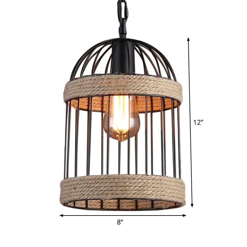Roped Cloche Cage Pendulum Light Country Style 1 Bulb Snack Bar Hanging Pendant in Brown Clearhalo 'Art Deco Pendants' 'Cast Iron' 'Ceiling Lights' 'Ceramic' 'Crystal' 'Industrial Pendants' 'Industrial' 'Metal' 'Middle Century Pendants' 'Pendant Lights' 'Pendants' 'Tiffany' Lighting' 1911796