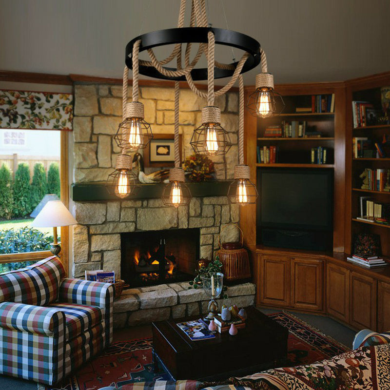 Caged Sitting Room Chandelier Rural Hemp Rope Brown 6 Lights Circular Suspension Pendant Clearhalo 'Cast Iron' 'Ceiling Lights' 'Chandeliers' 'Industrial Chandeliers' 'Industrial' 'Metal' 'Middle Century Chandeliers' 'Rustic Chandeliers' 'Tiffany' Lighting' 1911798