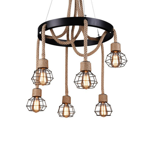 Caged Sitting Room Chandelier Rural Hemp Rope Brown 6 Lights Circular Suspension Pendant Clearhalo 'Cast Iron' 'Ceiling Lights' 'Chandeliers' 'Industrial Chandeliers' 'Industrial' 'Metal' 'Middle Century Chandeliers' 'Rustic Chandeliers' 'Tiffany' Lighting' 1911800