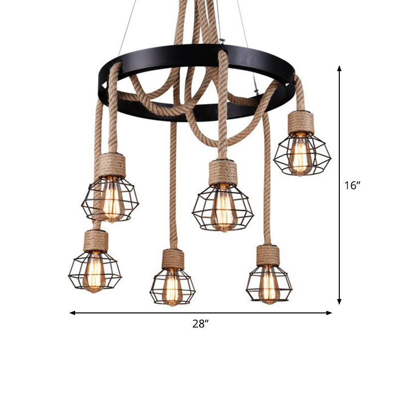 Caged Sitting Room Chandelier Rural Hemp Rope Brown 6 Lights Circular Suspension Pendant Clearhalo 'Cast Iron' 'Ceiling Lights' 'Chandeliers' 'Industrial Chandeliers' 'Industrial' 'Metal' 'Middle Century Chandeliers' 'Rustic Chandeliers' 'Tiffany' Lighting' 1911801