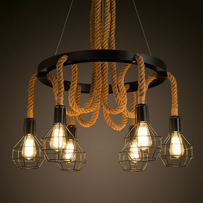 6 Bulbs Ceiling Chandelier Rustic Circular Iron Pendant Light with Hemp Rope and Cage in Brown for Restaurant Brown Clearhalo 'Cast Iron' 'Ceiling Lights' 'Chandeliers' 'Industrial Chandeliers' 'Industrial' 'Metal' 'Middle Century Chandeliers' 'Rustic Chandeliers' 'Tiffany' Lighting' 1911802